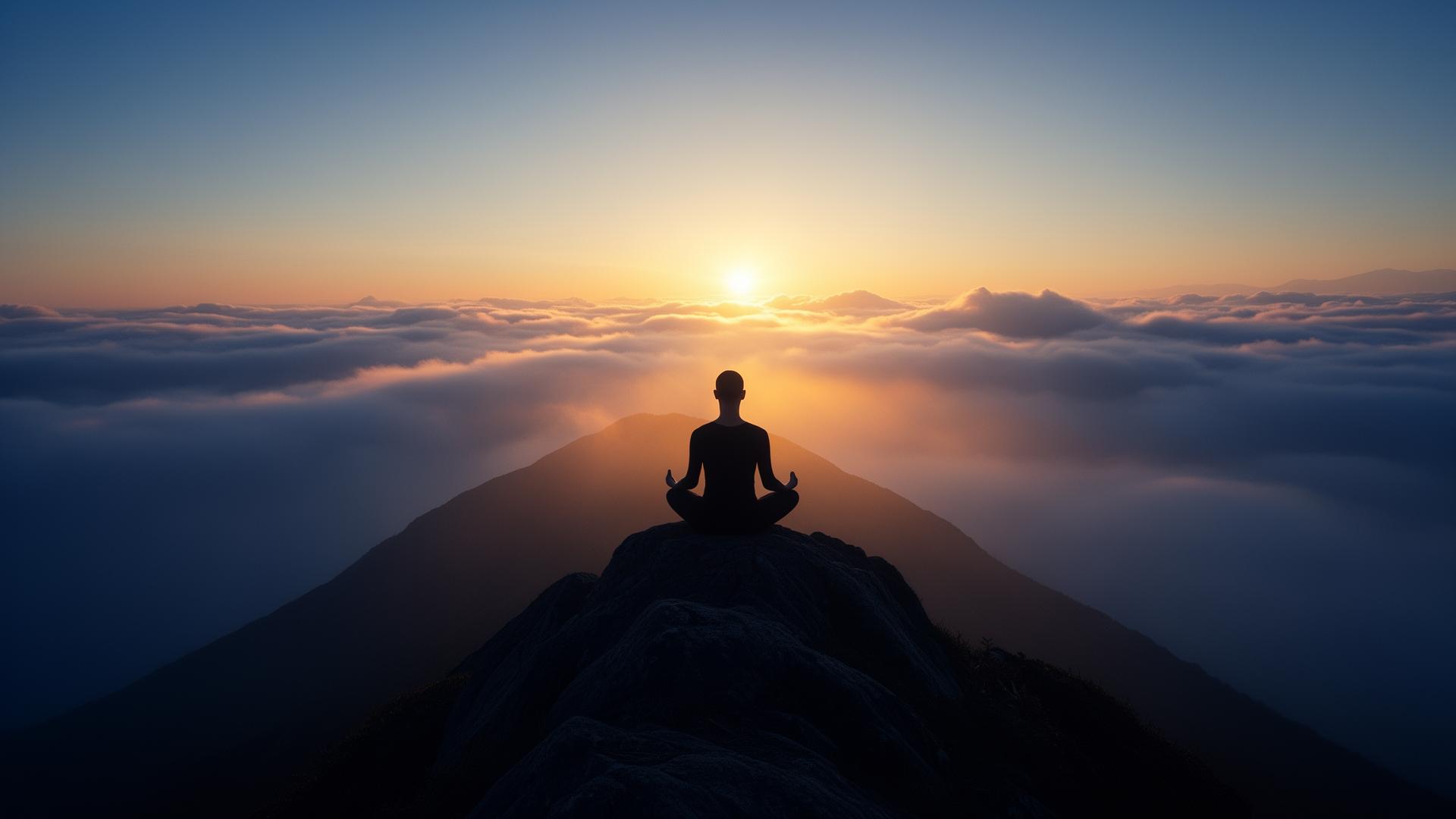 Silhouette meditating at sunrise above the clouds